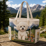Cute White Poodle Floral Multiple Pockets Quilted Tote Bag