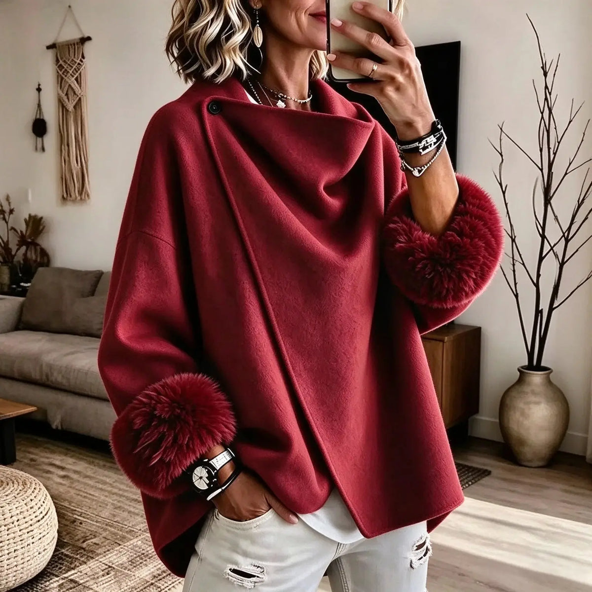 Wool-blend Jacket with An Asymmetric Faux-fur Cuff