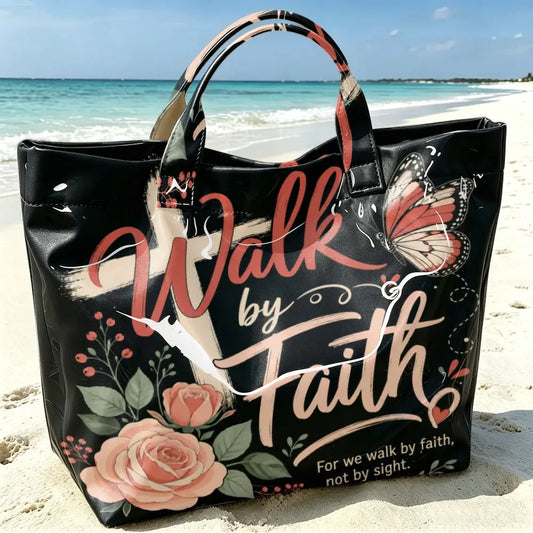 Black Base Rose Butterfly Print PVC Tote Bag