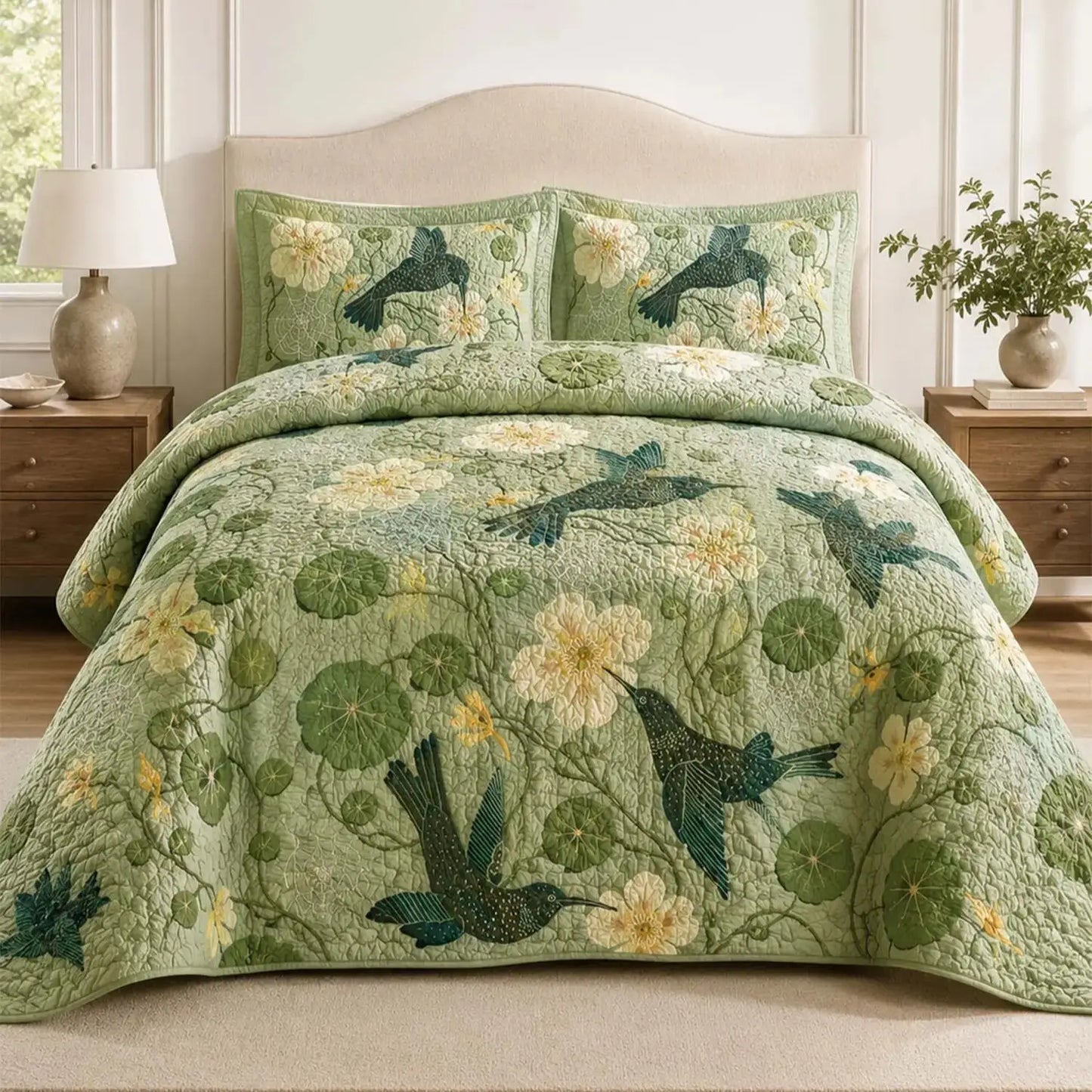 Hummingbird Botanical Garden Quilted Bedding Set