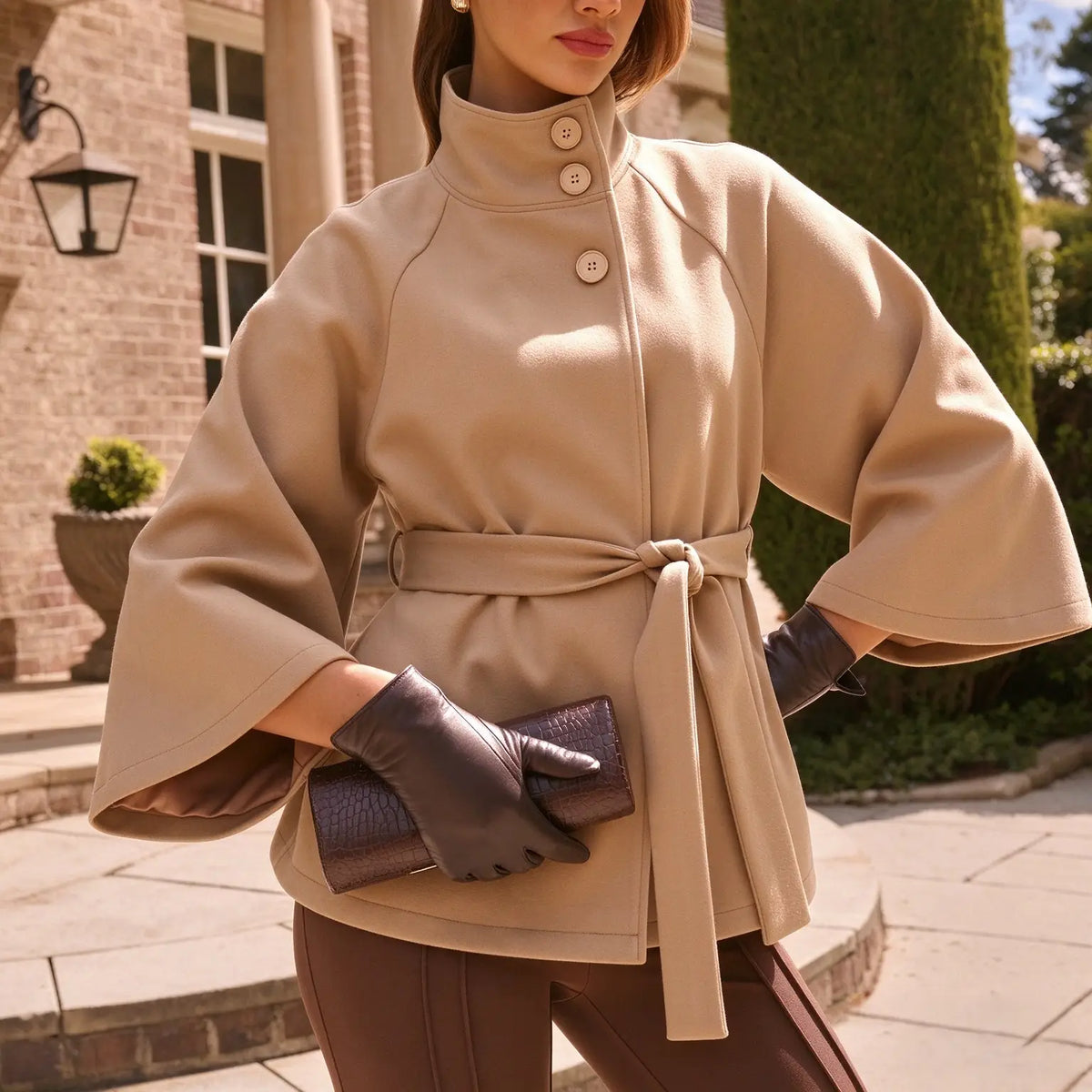 Women's Mandarin Collar Coat with Slanted Button Row