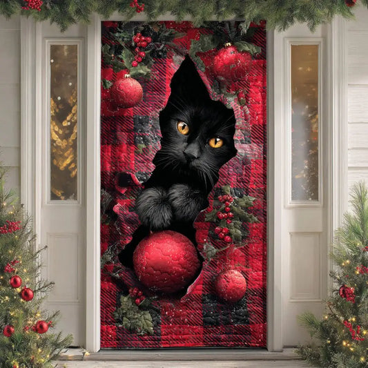 Black Cat Buffalo Plaid Christmas Breakthrough Quilted Door Cover