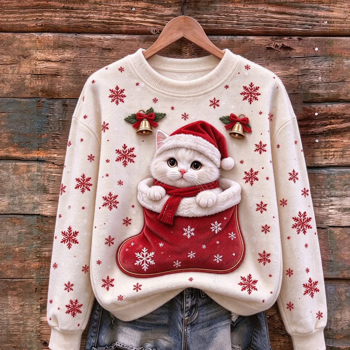 Christmas Cat Stocking Cozy Plush Sweatshirt