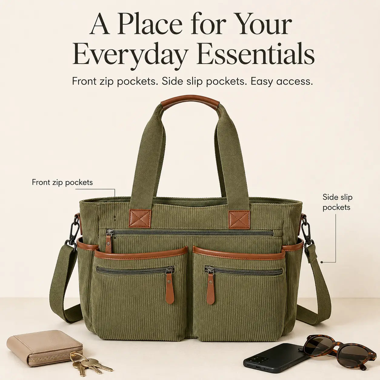 Corduroy Multi-Pocket Convertible Tote Bag