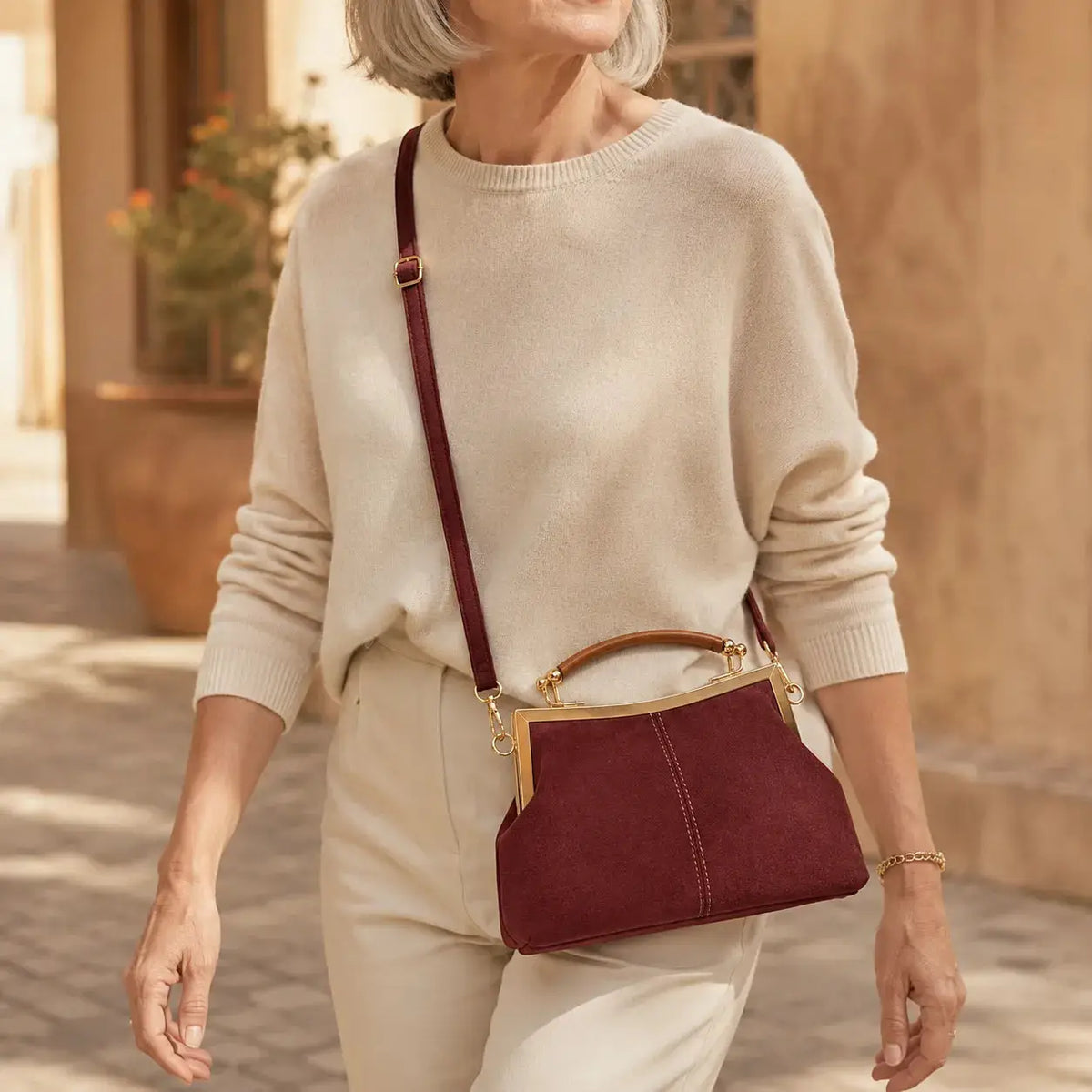 Women's Suede Structured Top Frame Crossbody Bag