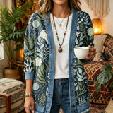 Navy Floral Bird Boho Print 3D Digital Printing Denim Shirt