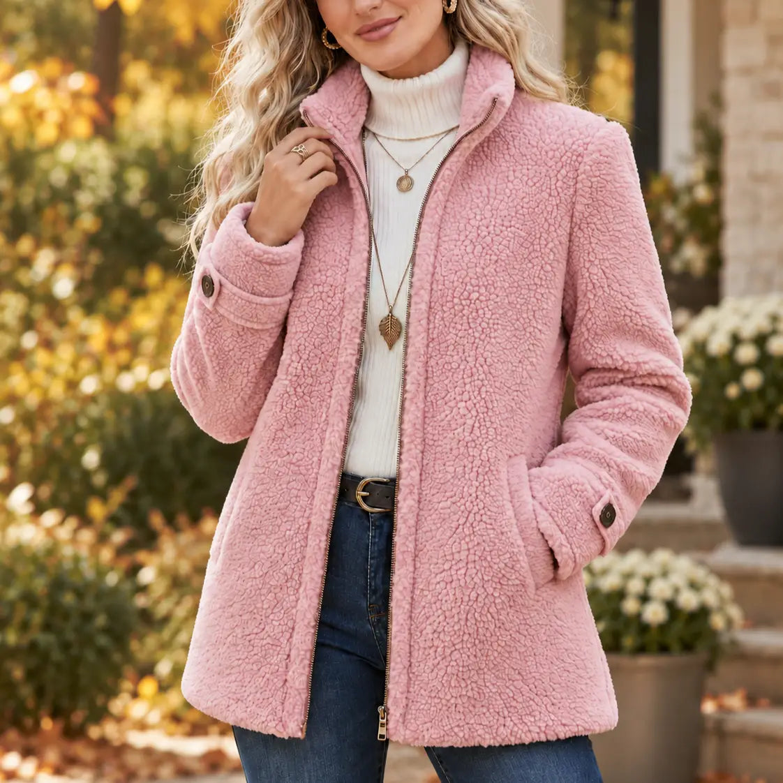 Full-Zip Lambswool-Feel Stand Collar Jacket