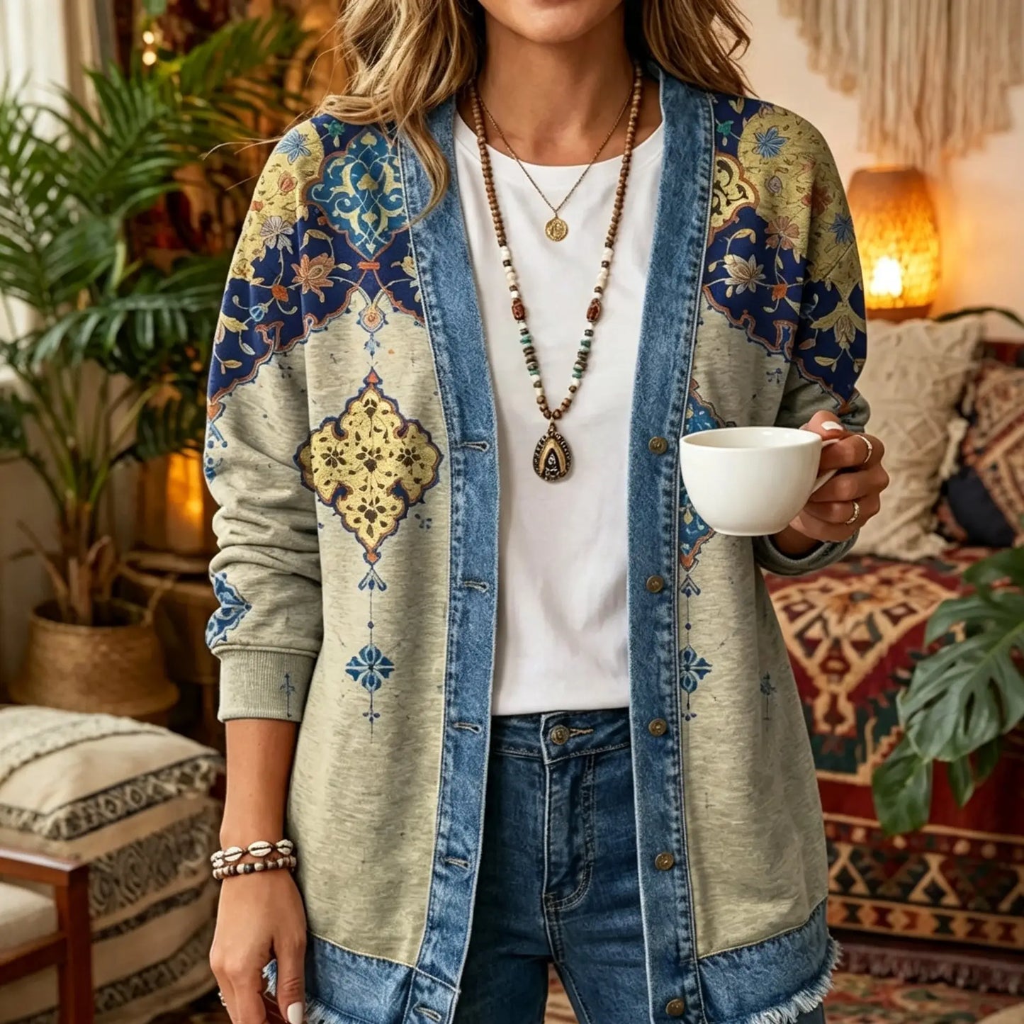 Retro Oriental Floral 3D Digital Printing Denim Shirt