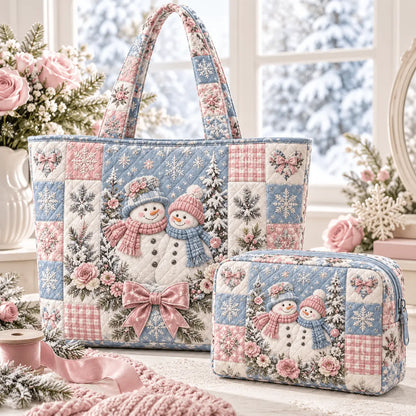2pcs Coquette Winter Snowman Quilted Tote Bag Set