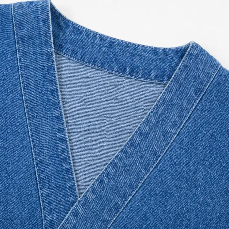 Collarless Soft-Denim-Look Button-Down Cardigan