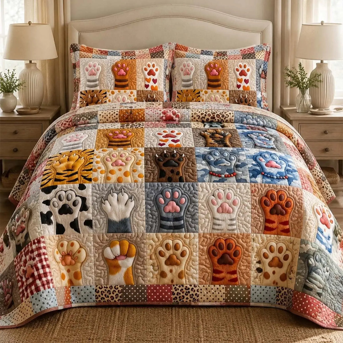 Cozy Paw Print Quilted Bedding Set