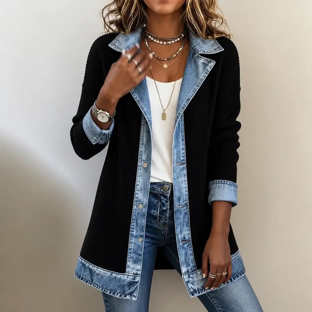 Women's Contrast Trim Collared Button Front Ribbed Knit Jacket