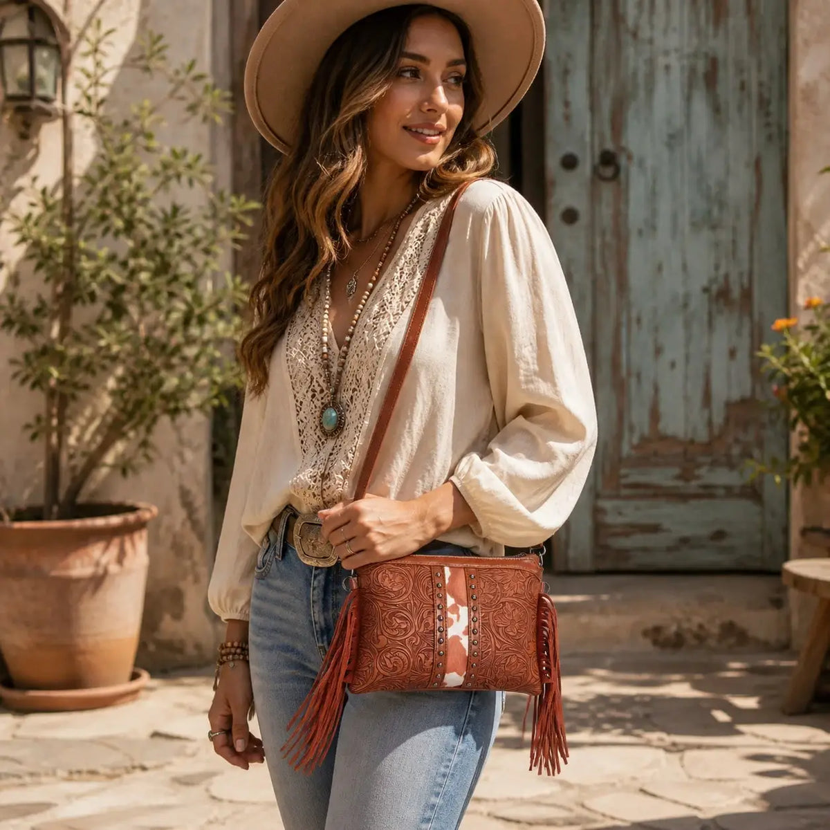 Bohemian PU Crossbody Bag with Western Fringe Tassels & Zipper Closure