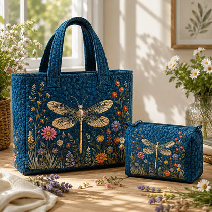 2pcs Blue Dragonfly Quilted Tote Bag Set