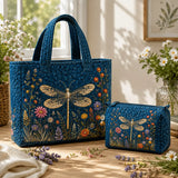 2pcs Blue Dragonfly Quilted Tote Bag Set