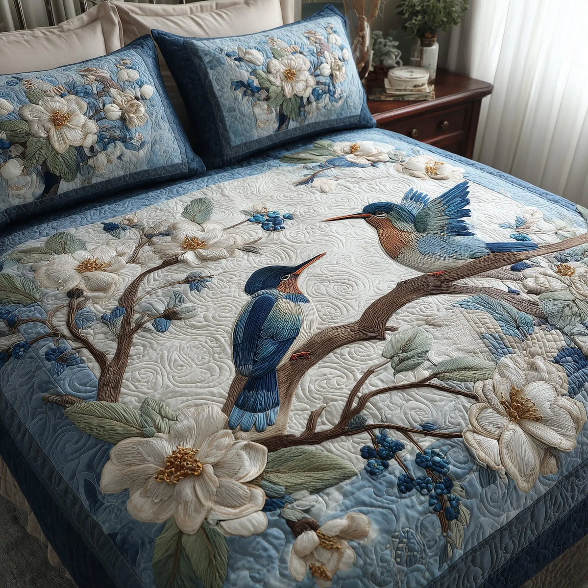 Winter Hummingbird Love Quilted Bedding Set