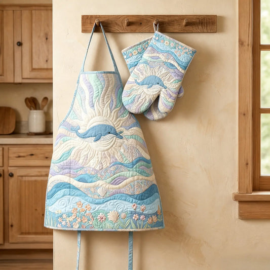 Dolphin Ocean Quilted Apron Set (2-Piece) – Padded Apron + Heat-Resistant Oven Mitts