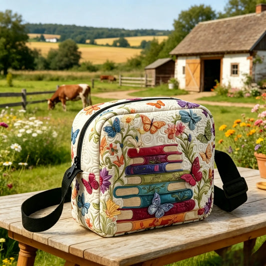 Butterflies and Books Quilted Crossbody Bag