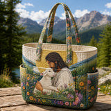 Jesus and Lamb Wildflower Multiple Pockets Quilted Tote Bag