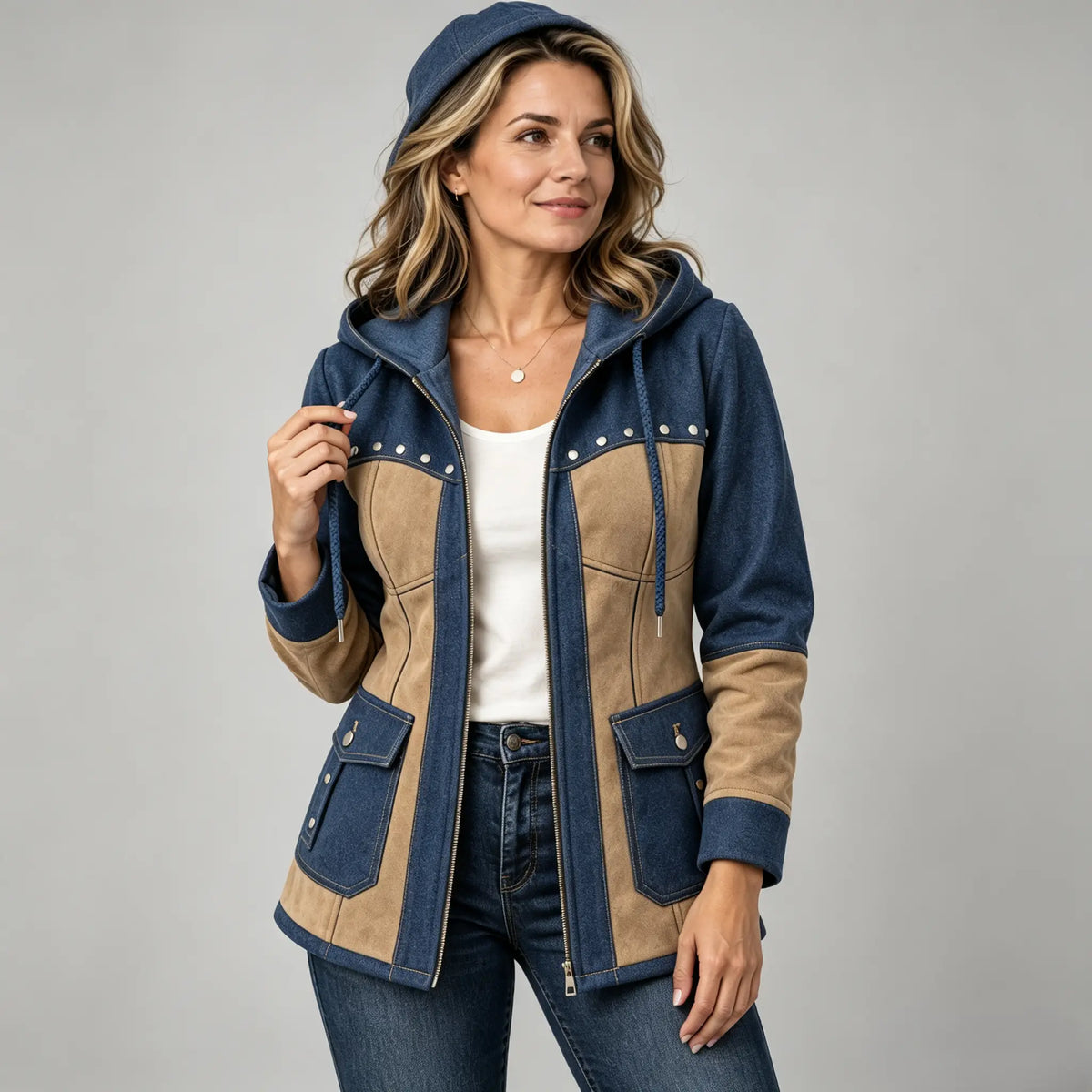 Women's Denim Jackets Long Hooded Patchwork Zip Up Jacket