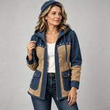 Women's Denim Jackets Long Hooded Patchwork Zip Up Jacket