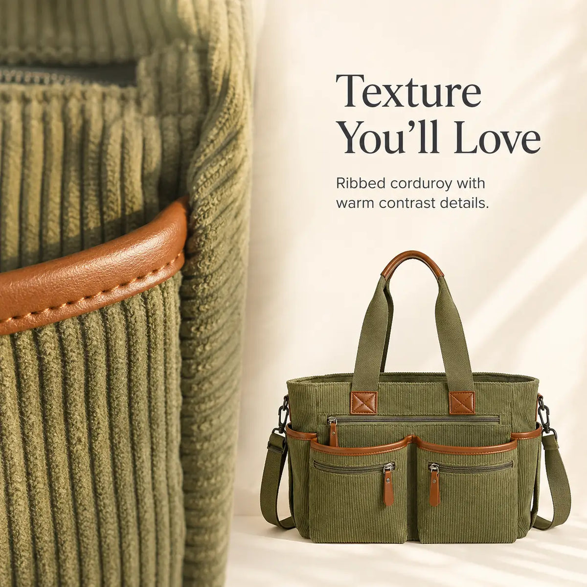 Corduroy Multi-Pocket Convertible Tote Bag
