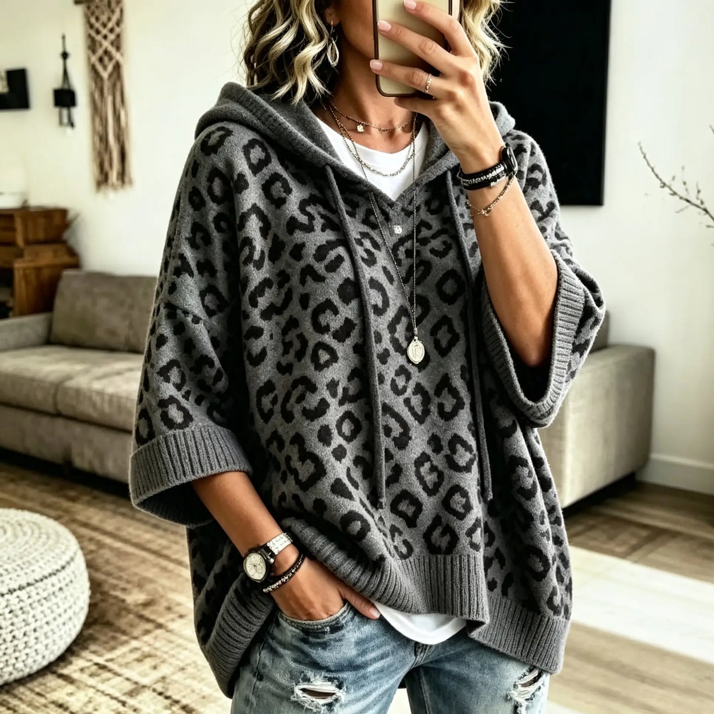 Comfortable And Casual Leopard-print Knitted Hoodie