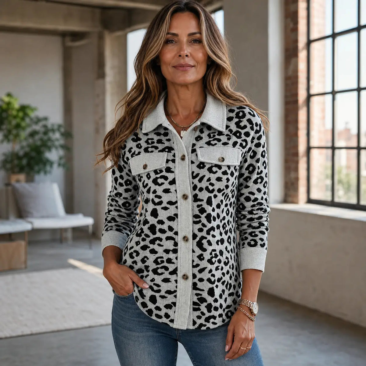 Contrast Rib Collar Leopard Print Corduroy Long Sleeve Shirt Jacket