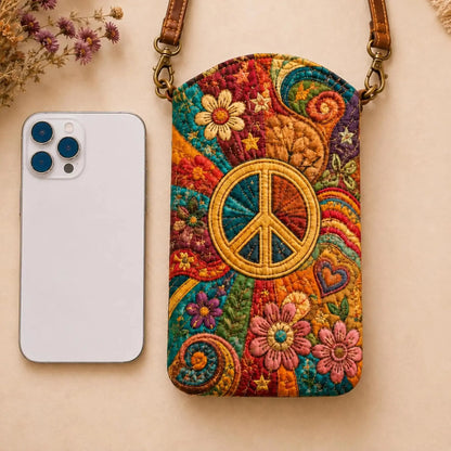 Boho Peace Sign Quilted Slim Phone Crossbody Bag