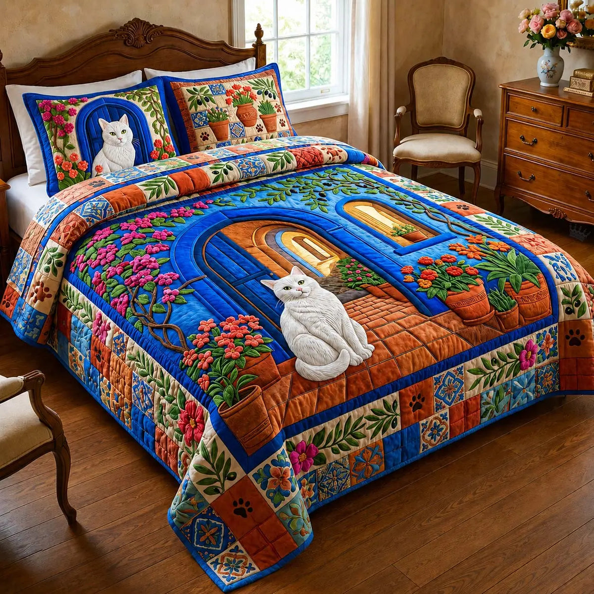 Blue Garden Cat Quilted Bedding Set