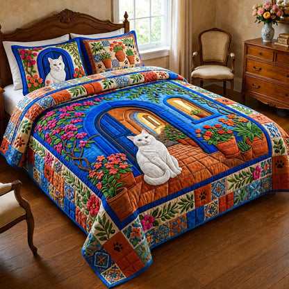 Blue Garden Cat Quilted Bedding Set