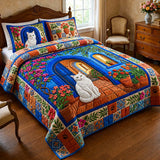Blue Garden Cat Quilted Bedding Set