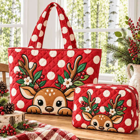 2pcs Christmas Reindeer & Holly Quilted Tote Bag Set