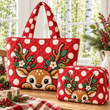 2pcs Christmas Reindeer & Holly Quilted Tote Bag Set
