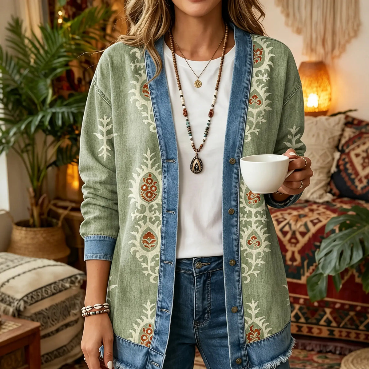 Sage Green Ethnic Print 3D Digital Printing Denim Shirt