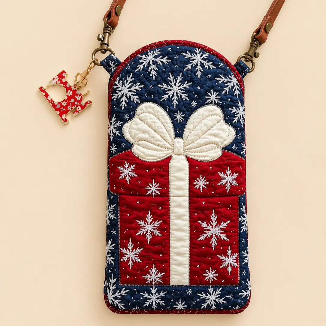 Christmas Gift Box Bow Snowflake Quilted Slim Phone Crossbody Bag