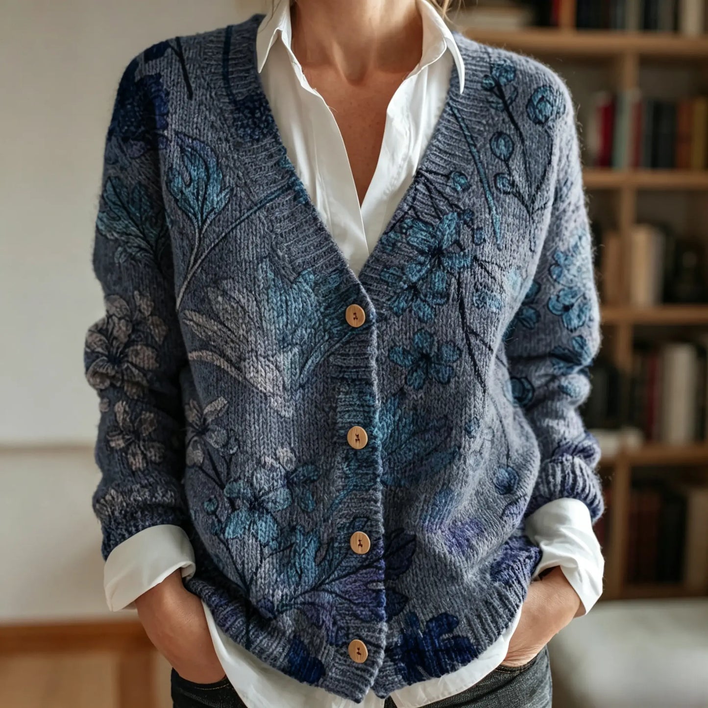 Women's Vintage Floral Art Pattern Print Buttoned Cardigan Sweater
