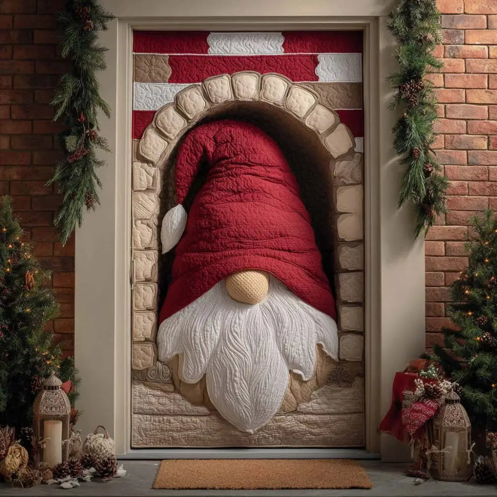 Rustic Christmas Gnome Stone Arch Quilted Door Cover