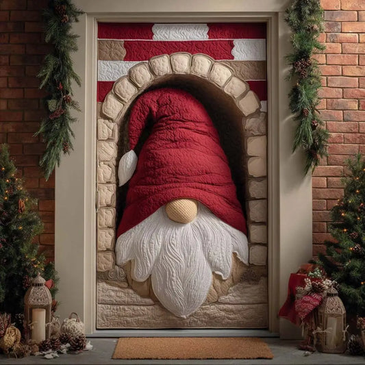 Rustic Christmas Gnome Stone Arch Quilted Door Cover