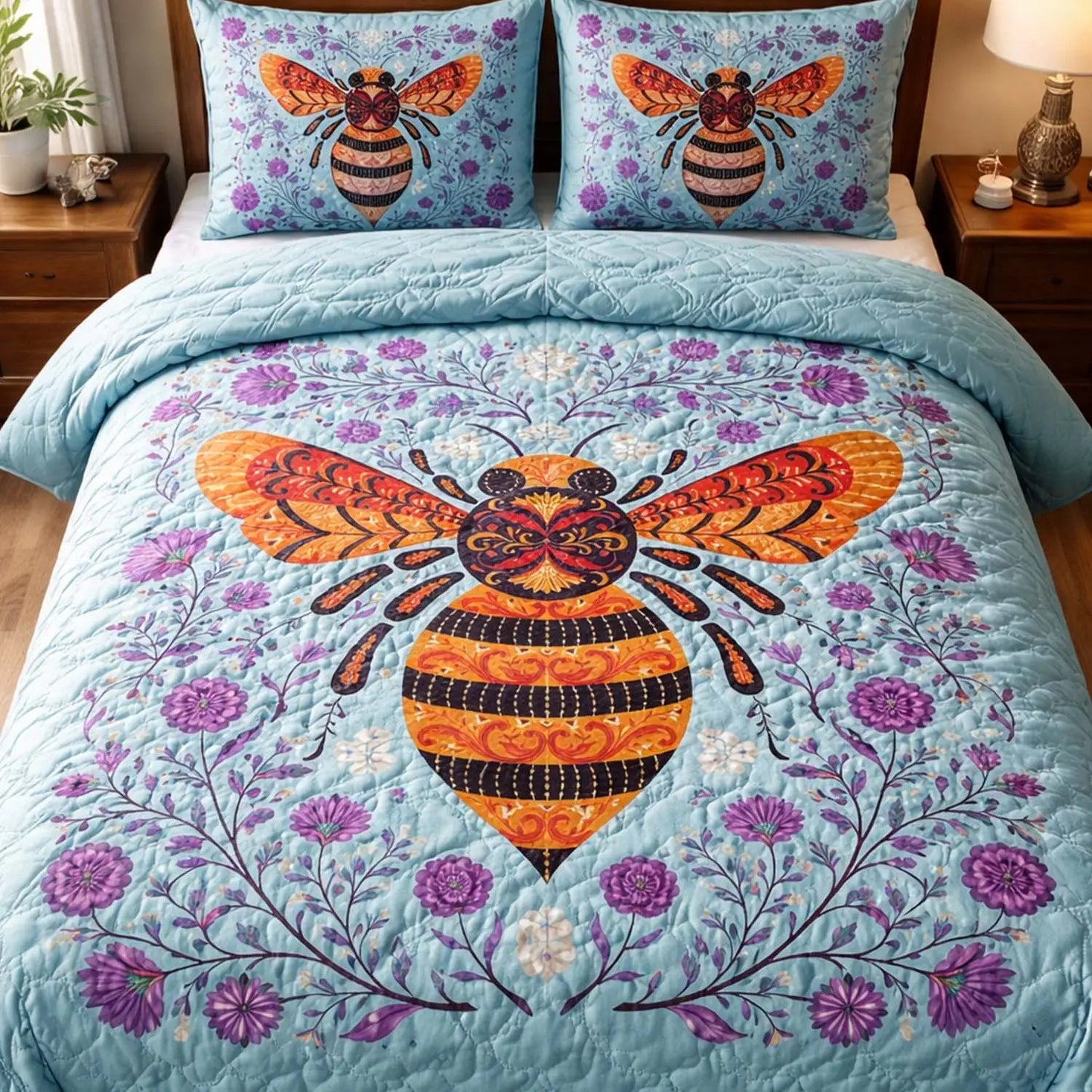 Bees And Flowers Quilted Bedding Set