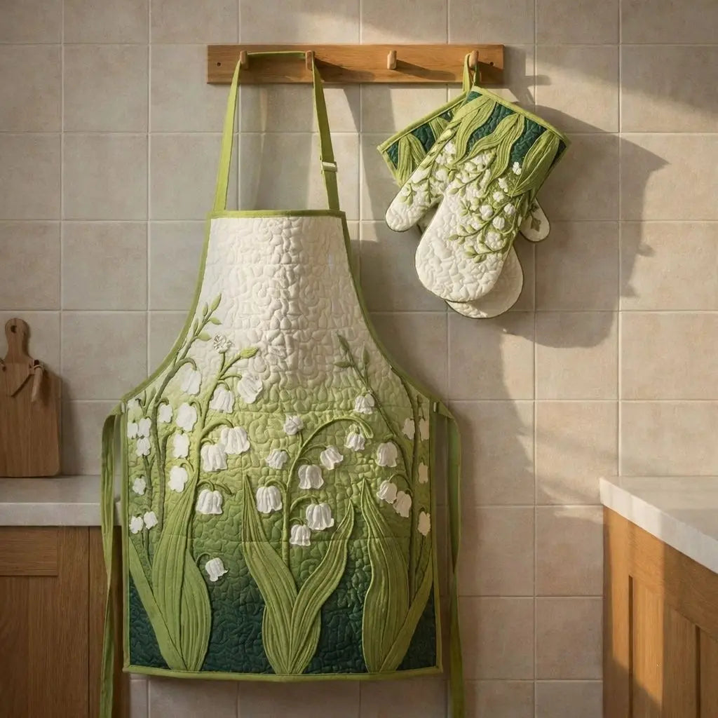 Lily of the Valley Floral Quilted Apron Set (2-Piece) – Padded Apron + Heat-Resistant Oven Mitts