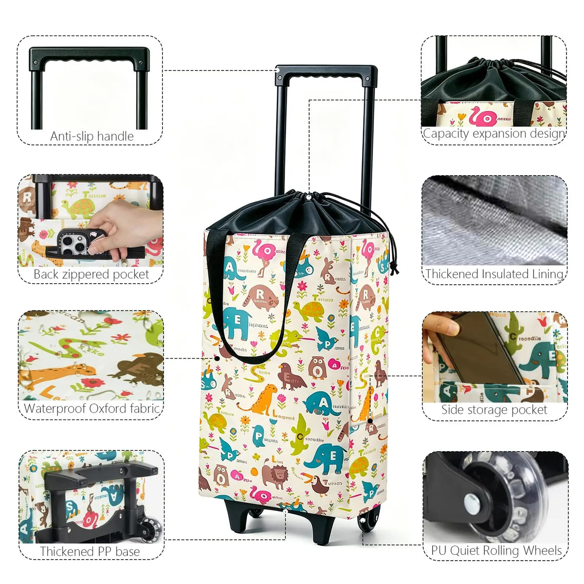 2-in-1 Folding Oxford Shopping Cart with 360° Swivel Wheels
