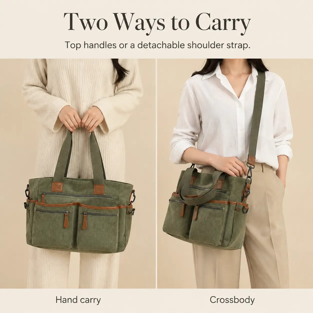 Corduroy Multi-Pocket Convertible Tote Bag