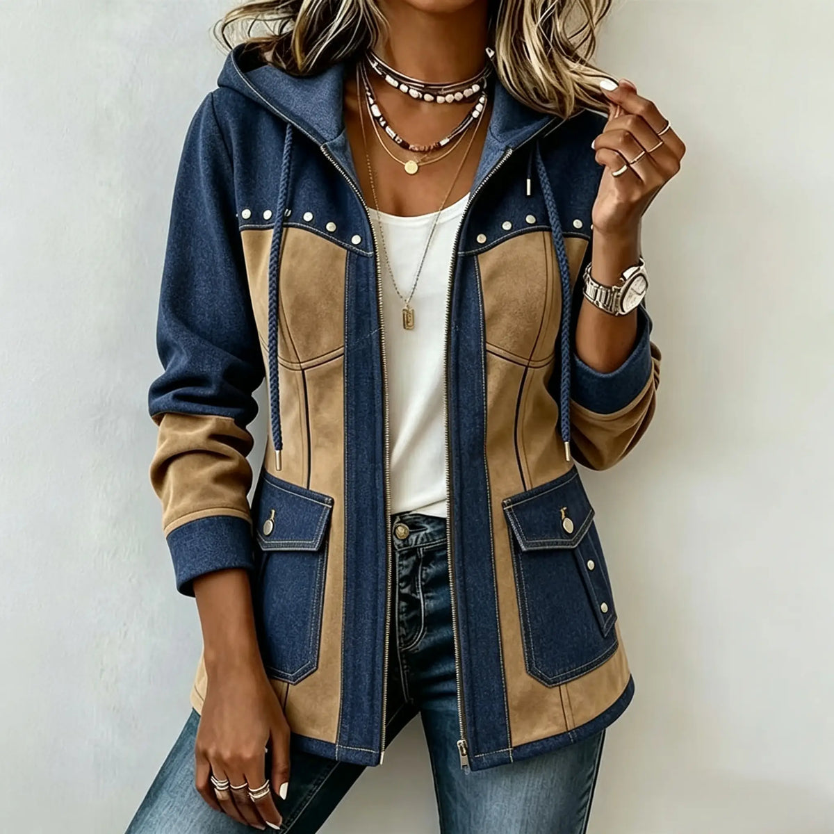 Women's Denim Jackets Long Hooded Patchwork Zip Up Jacket