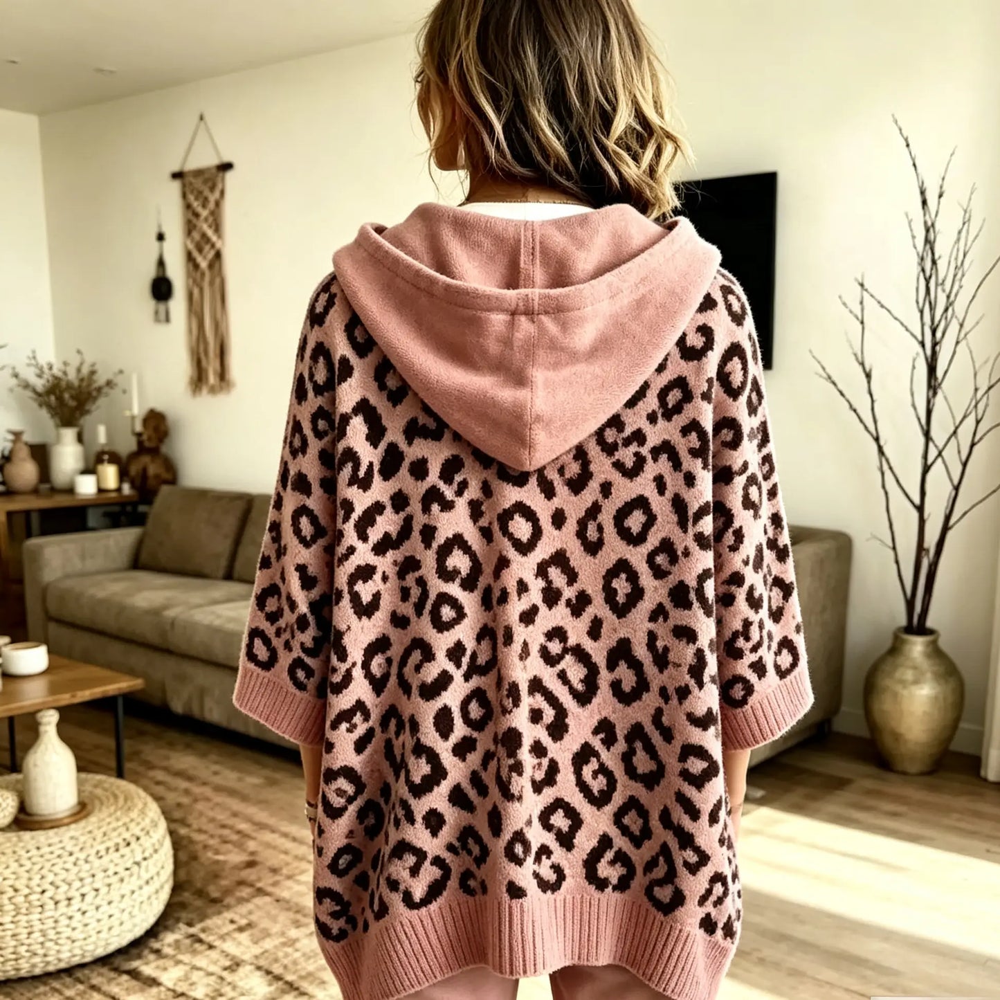 Comfortable And Casual Leopard-print Knitted Hoodie