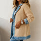 Women's Contrast Trim Collared Button Front Ribbed Knit Jacket