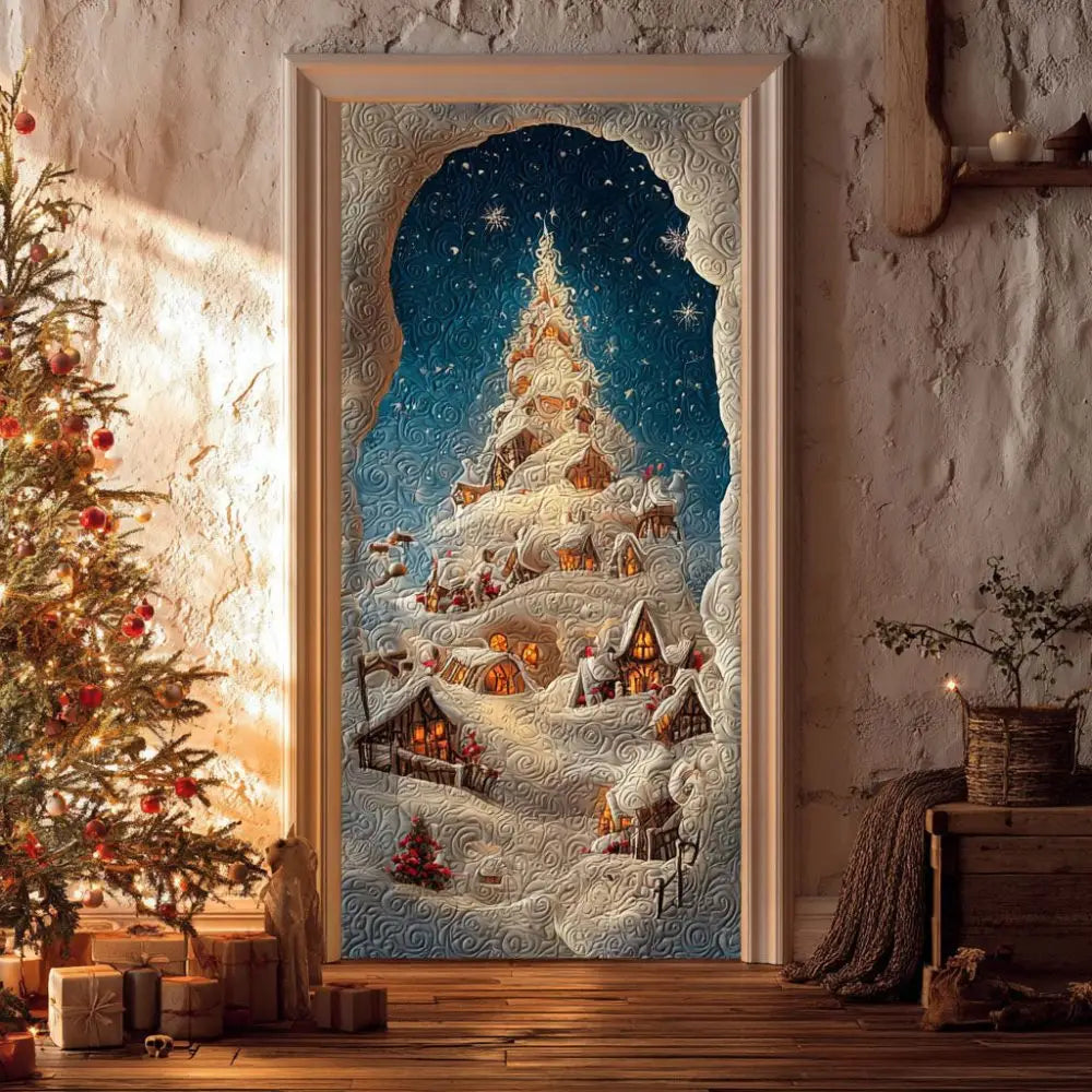 Snowy Christmas Village Starry Night Quilted Door Cover