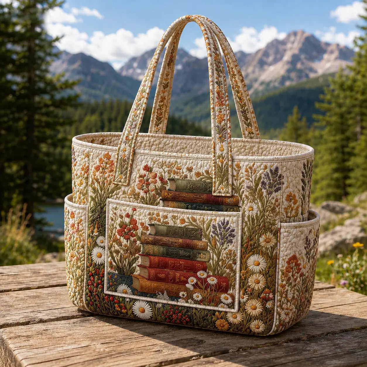 Vintage Books & Wildflower Multiple Pockets Quilted Tote Bag