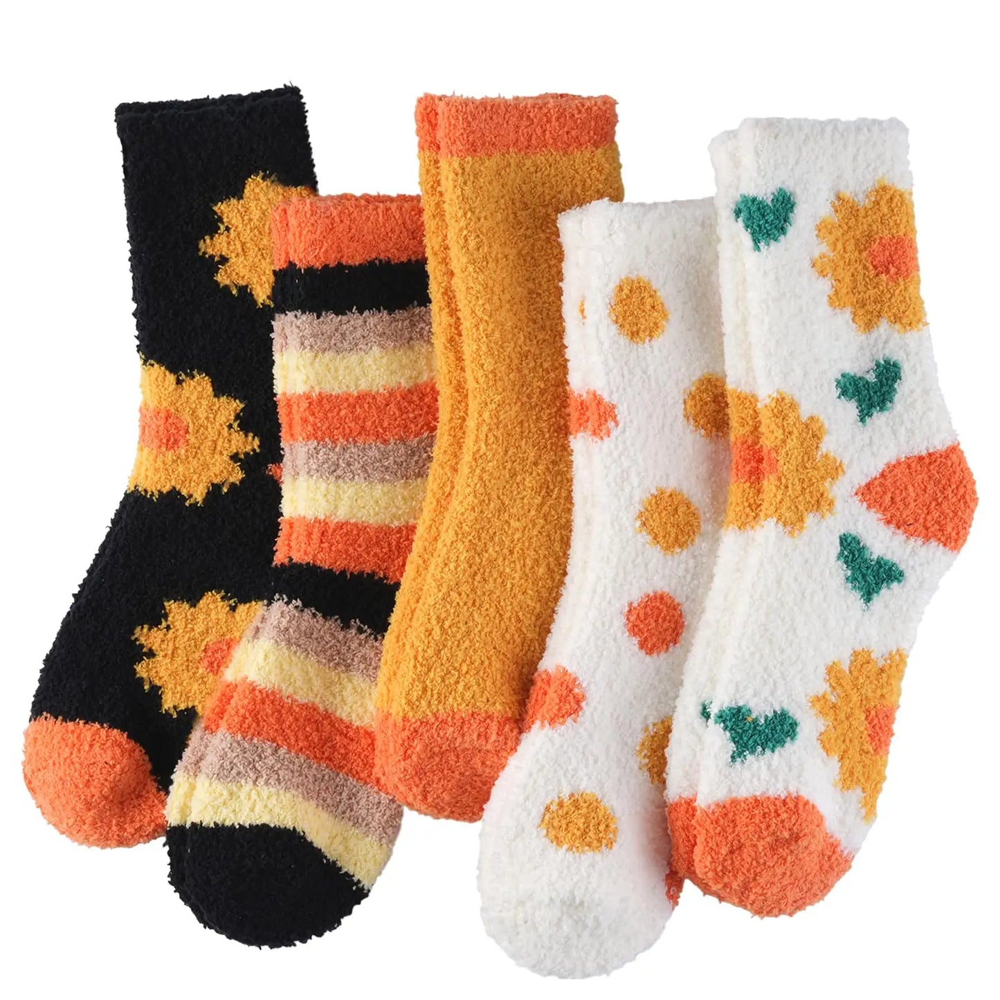 Sunflower Orange Polka Fall Cozy Fluffy Slipper Socks 5 Pairs