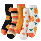 Sunflower Orange Polka Fall Cozy Fluffy Slipper Socks 5 Pairs